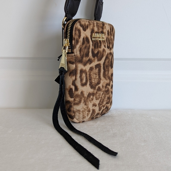 Aimee Kestenberg Phone Crossbody Leather Calf Hair Leopard Print Brown Black NWT - Picture 5 of 16